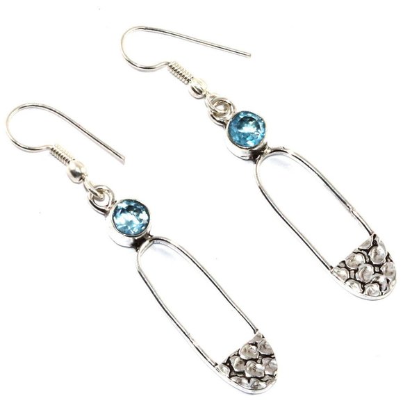 Swiss Blue Quartz Gemstone 925 Silver Earrings - Picture 2 of 10